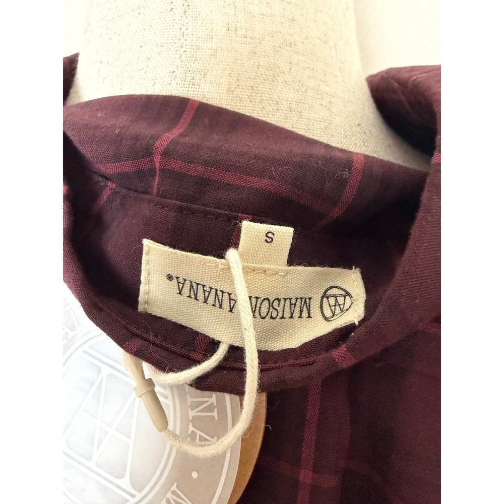 Maison Anana Womens Burgundy Plaid Cotton Long Sleeve Belted Shirt Dress Size S‎ - Picture 7 of 8
